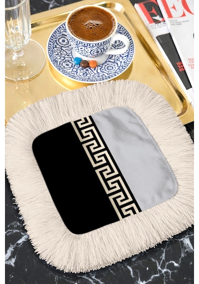 Yunan Motifli Saçaklı Sunum Peçetesi - Lüks Klasik Modern Siyah Altın Renkli Bardak Altlığı Mendil Soft Gece Vişne