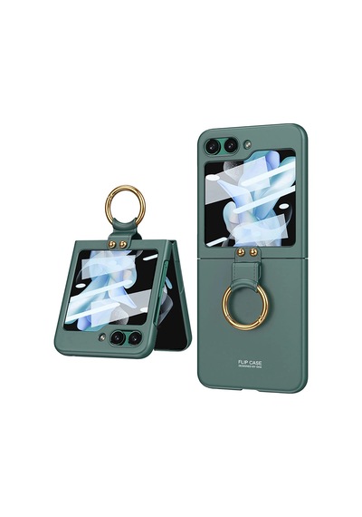 Galaxy Uyumlu Z Flip 5 Kılıf Zore Kıpta Yüzüklü Flip Sert Kapak Koyu Yeşil