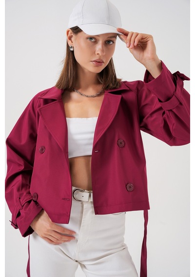 Bigdart Kadın Kemerli Kısa Trençkot 5970 - Bordo