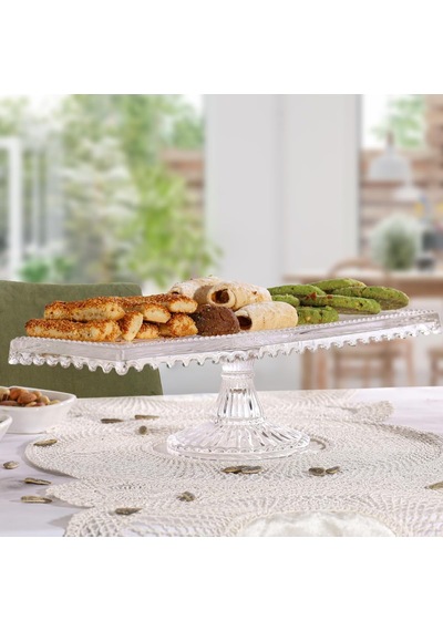 Linea Model Cam Ayaklı Kare Ve Dikdörtgen 2'li Kek Ve Pasta Sunumluk, Şeffaf Çok renkli