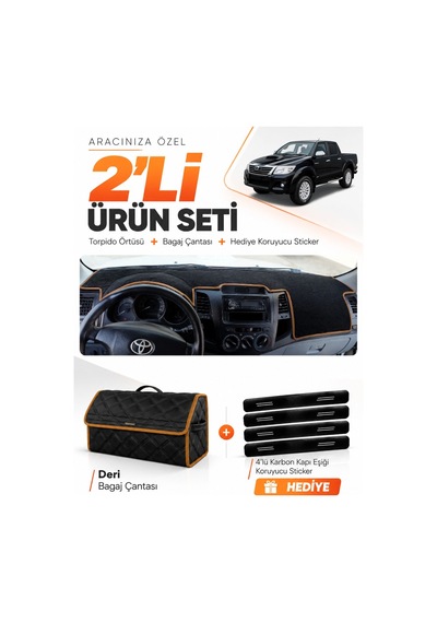 Toyota Hilux 2005-2014 Uyumlu Torpido Örtüsü + Deri Bagaj Çantası + Sticker - Siyah Kahverengi