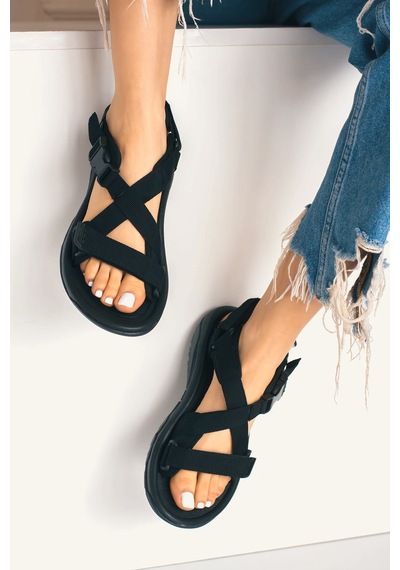 Günlük Unisex Tokalı Sandalet Yastıklı Hafif Tabanlı Çapraz Şerit Outdoor Esnek Ayakkabı 125ç Siyah