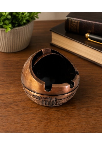 Kapaklı Metal Küllük Açılır Kapanır Dekoratif Masa Üstü Küllük Vintage Bakır 7.5 Cm