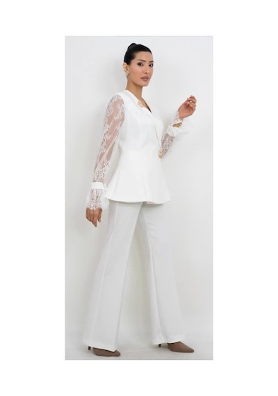 Dorne Moda Geniş Paça Takım Beyaz Beyaz
