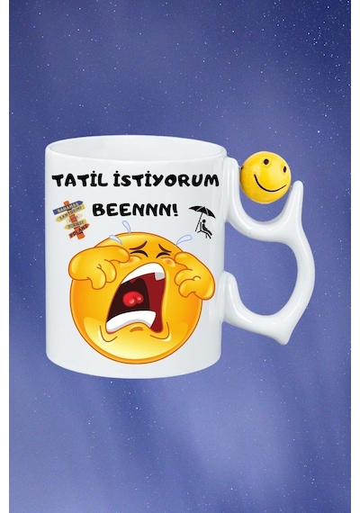 Tatil İstiyorum Ağlayan Emoji Baskılı Smile Emoji Toplu Kupa Bardak Çay Kahve Fincanı Beyaz