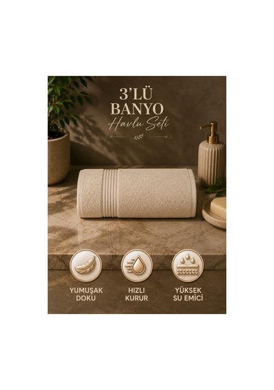 2 Li Banyo Havlu Seti 70x140 + 50x90 Yumuşak Dokulu Yüksek Emici Banyo Ve El Yüz Havlusu Takımı Ekru