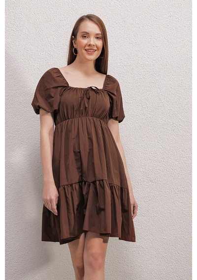 Bigdart 2351 Kloş Poplin Elbise - Kahverengi 001