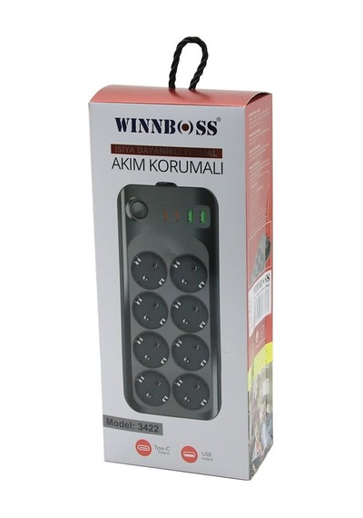 Wınnboss-3422 8'li Priz Uzatma Kablosu Usb Type-c Girişli, 2 Metre, Chrmk12268, Siyah, Erkek