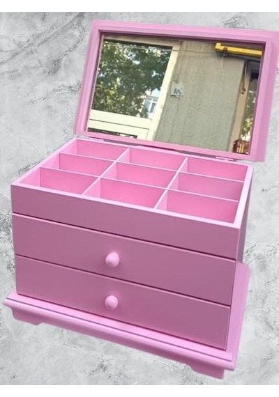 Takı Şifonyer 90390 Makyaj Kutu 2çekmece Aynalı Parlak Pembe Ahşap Mdf El Yapım
