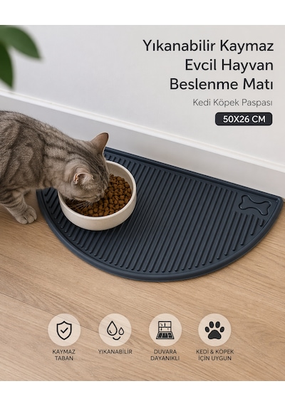 Evcil Hayvan Beslenme Matı Su Geçirmez Havuzlu Kaymaz Kedi Köpek Mama Paspası Mama Altlığı 50x26 Cm