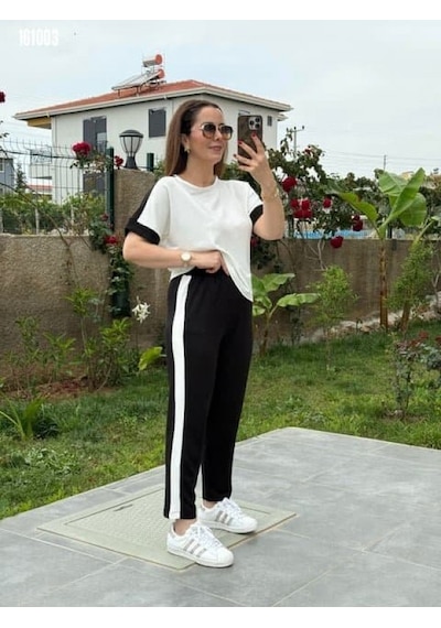 Efnaz Style Kadın Kısa Kollu Modal Dokulu Kumaş Yanı Şeritli Takım Siyah