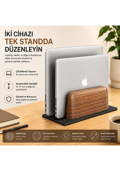 Ahşap Dikey Laptop Standı, Çift Yuvalı 2 Cihazlık Macbook Ve Notebook Tutucu, Masaüstü Organizer, Kaymaz Tabanlı Ahşap Metal Bilgisayar Standı Kahverengi