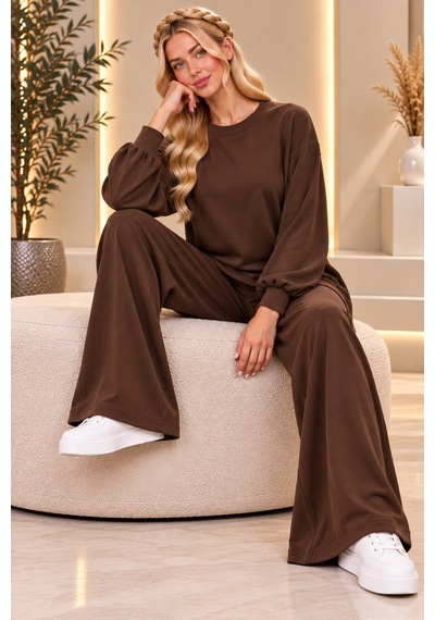 Bul-al Kadın Oversize Bisiklet Yaka Uzun Kollu Tunik Ve Cepli Olmayan Bol Paça Pantolon İkili Takım Kahverengi