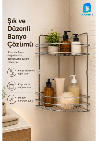 2 Katlı Gümüş Banyo Duş Rafı Metal Köşe Şampuanlık Sabunluk Banyo Düzenleyici Raf Metalik