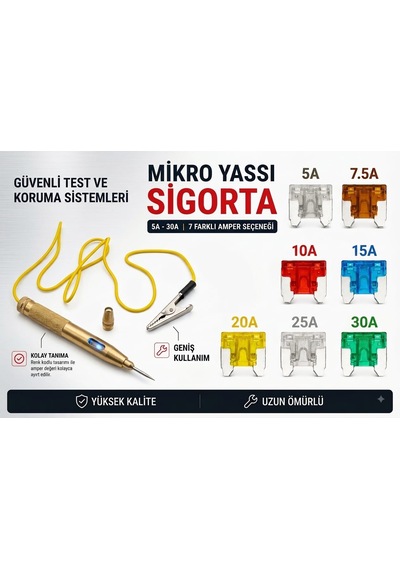 Oto Elektrik Kontrol Kalemi + 21'li Mikro Yassı Sigorta Seti Araç Devre Test Ve Sigorta Kit