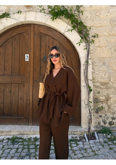 Laluvia Kahverengi Tek Düğmeli Kuşaklı Kimono Takım - 007