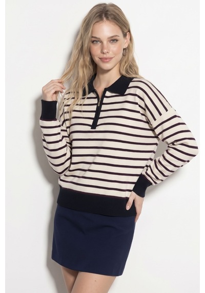 Soft&basic Çizgili Polo Yaka Triko Kadın Kazak Fermuarlı Bordo