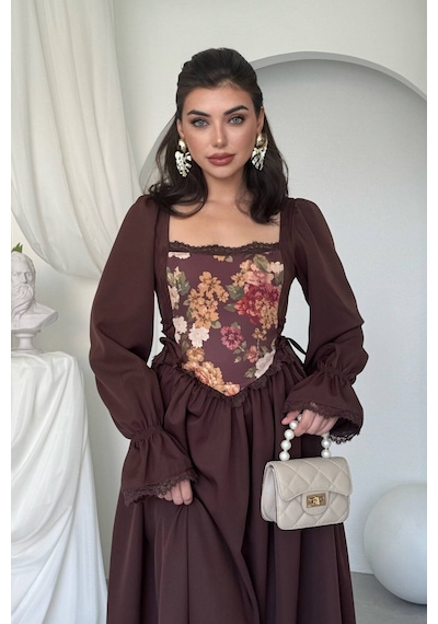 Nils Boutique Vintage Korsajlı Midi Elbise Kahverengi