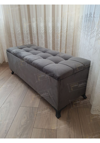 Lüks Çizgi Kapitoneli Sandıklı Puf Bench 120 Cm Siyah Ayak Siyah
