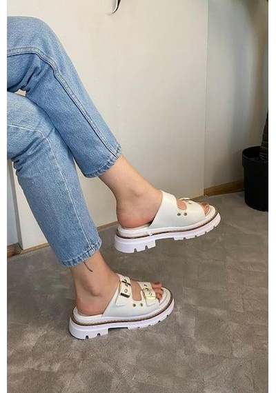 Asmi Shoes Kadın Çift Bant Kapsül Detaylı Kalın Taban Ortopedik Terlik Beyaz Beyaz