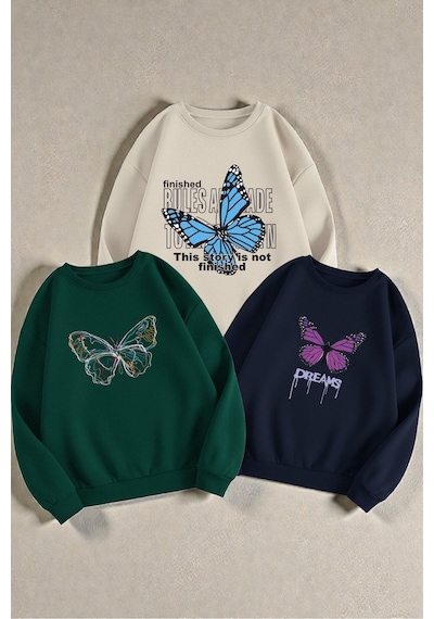 Uyguntarz Çok Renkli En Sevilen Kelebek Serisi Baskılı Sweatshirt 3'lü Fırsat Paketi