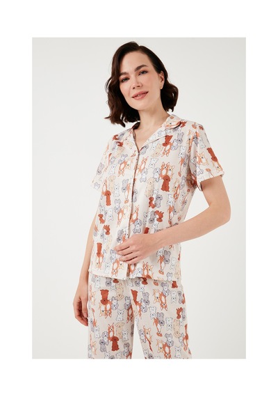 Lela Desenli Kısa Kollu Beli Lastikli Gömlek Yaka Dokuma Regular Fit Bayan Pijama Takımı 6571010 Bej