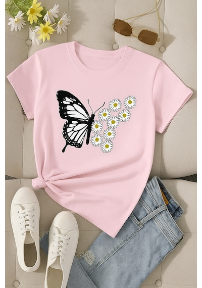 Papatyalı Kelebek Baskılı Unisex Tişört Pembe