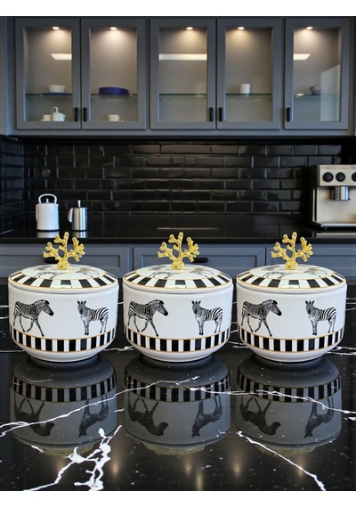 Çeyiz Seti - 103 Zebra At Desen Mutfak Seti Gold Siyah