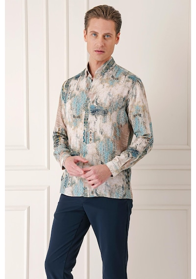 Efor Comfort Fit Düğmeli Yaka Batik Desenli Pamuk Mint Gömlek G 1566 Mint