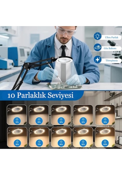 10x Büyüteçli Led Masa Lambası 3 Işık Modlu Masa Üstü Katlanabilir Kollu Bakım Onarım Güzellik Okuma