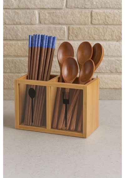 Bambu Ikili Kaşıklık Kutusu, Bambu Çatal Kaşıklık 5x13cm Bej 4 X 18 Çok Renkli