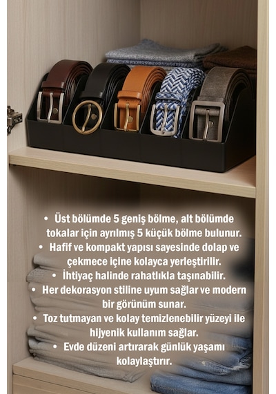 10 Bölmeli Kemer Organizer, Çorap, Kravat, Takı, Makyaj, Çekmece, Dolap İçi Depolama Siyah