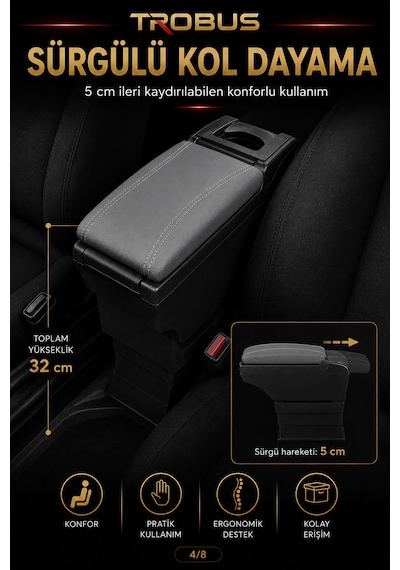 Trobus Renault Megane 2 2002-2009 Uyumlu Ayarlanabilir Ayaklı Kolçak Kol Dayama Bardaklıklı Gri