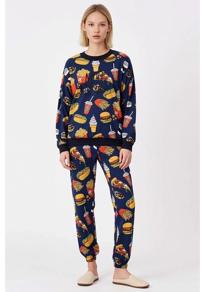Benerly Kadın Bisiklet Yaka Düşük Kol Fitted Örme Pijama Takımı Fonksiyon Çok renkli