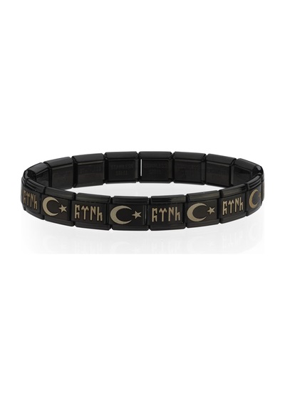 Ay Yıldızlı Göktürkçe Türk İtalyan Charm Unisex Çelik Bileklik Scb60 Siyah