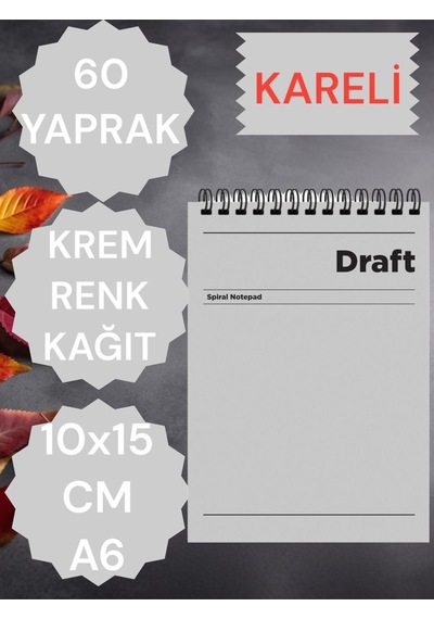 Kareli 10x15 Cm A6 Üstten Açılır Not Defteri Krem Renk Kağıt 60 Yaprak Gri