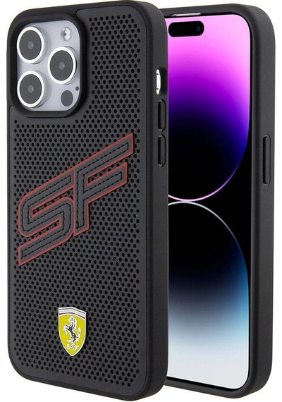 Apple Uyumlu iPhone 15 Pro Max Kılıf Ferrari Lisanslı Pu Delikli Arka Yüzey Metal Logolu Dikişli Bü