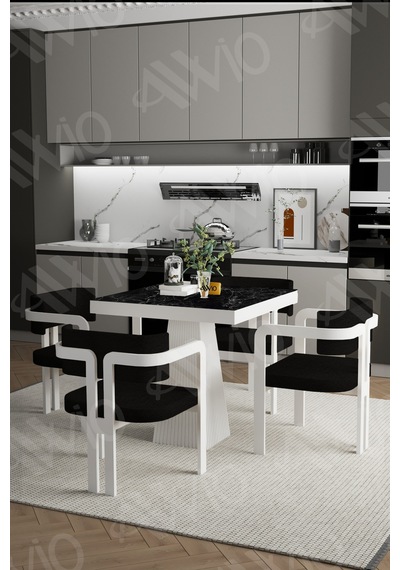 Avvio Demre Bohem Ayak Tokyo Demonte Sandalye 80x80 Yemek Masası Mutfak Masası 4 Kişilik Siyah Mermer