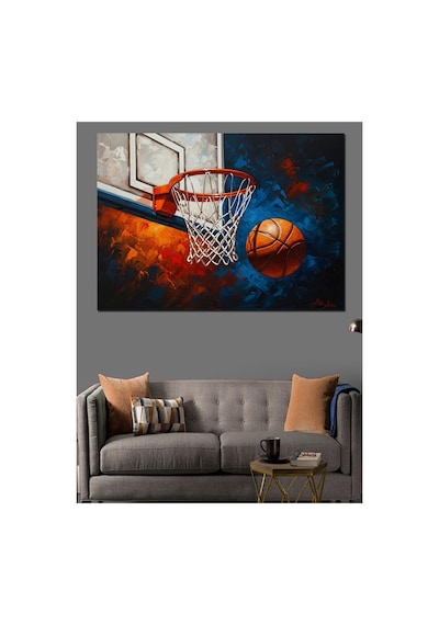 Basketbol Sahası Ve Şahlanan Pota Yağlı Boya Dokulu Kanvas Tablo Canvas Tablosu