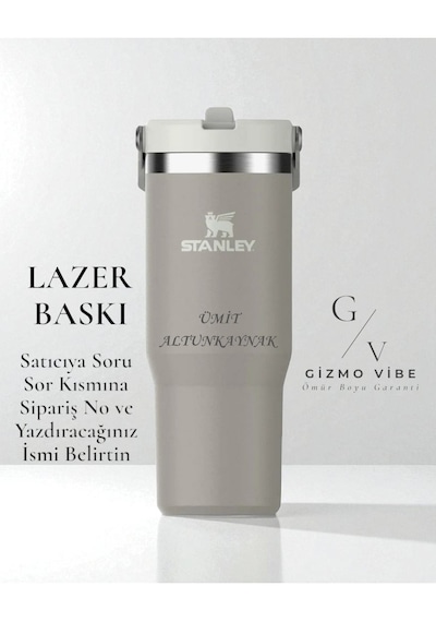 Kişiselleştirilebilir Stanley The Iceflow Flip Straw Pipetli Termos Bardak Stanley 0.89 L Özel İsimli Gri