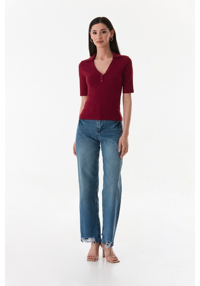 Fullamoda Önü Düğmeli Polo Yaka Bluz 25ygb650127586-bordo Bordo