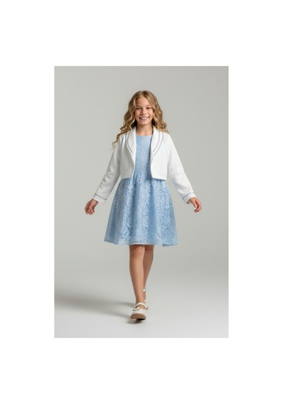 Fesshera Kids Kız Çocuk Dantel Elbise Bolero Ceket Takım 9-12 Yaş Mavi