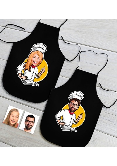 Kişiye Özel Ikili Erkek Ve Kadın Chef Karikatürlü Siyah Mutfak Önlü (435822643)