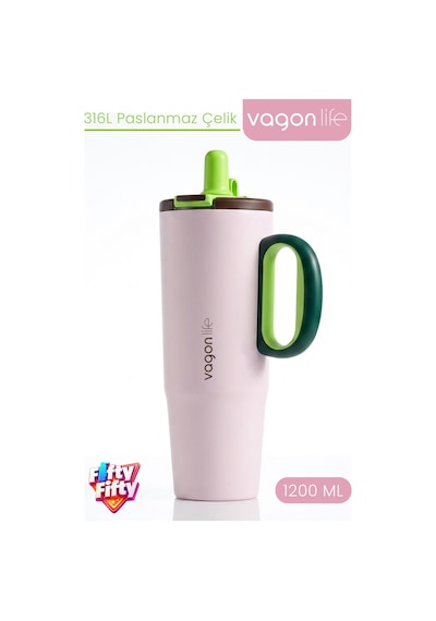 Tumbler 1200 Ml Tek Kapak Çift Kullanım Pipetli Rahat İçim Kulplu Paslanmaz Çelik Termosffvgn1114-1200ml Pembe