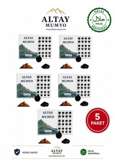 Altay Mumyo %100 Saf Mumiyo Shilajit Doğal Enerji, Güç Ve Bağışıklık Artırıcı Takviye 30 Tableti 5'li