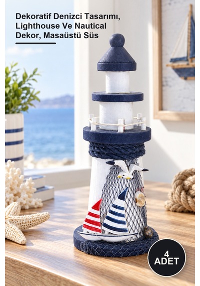 4 Adet Ahşap Marin Deniz Feneri Dekoratif Denizci Tasarımı, Lighthouse Ve Nautical Dekor, Masaüstü Süs