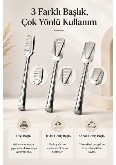 Marino 3 Lü Paslanmaz Çelik Servis Maşası Seti 23 Cm Makarna, Salata, Izgara, Ekmek Ve Açık Büfe İçin Metal Maşa