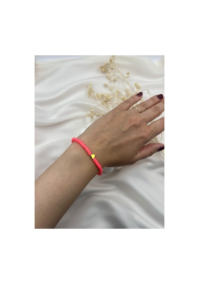 Lunarie Neon Pembe Polimer Kil Disk Boncuklu Gold Kalp Bileklik