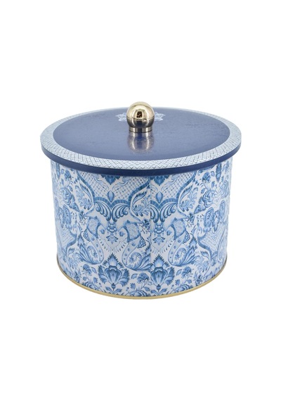 Azulejos Desenli Yuvarlak Metal Saklama Kabı 14 Cm, Erzak Kabı - Organizer Kutu 17,5 Cm X 13 Cm Azulejos Hello