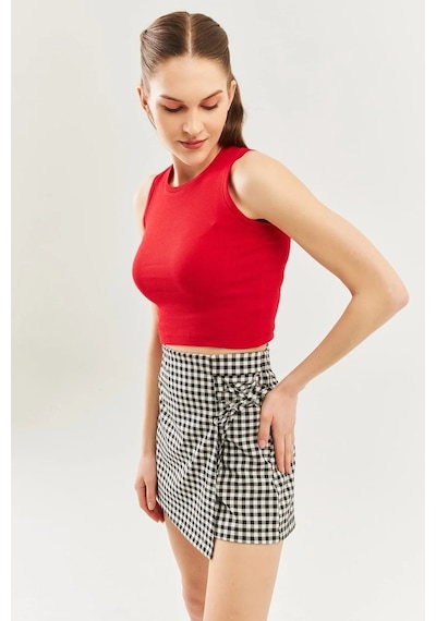 Butikgiz Kadın Sıfır Kol Bisiklet Yaka Vücuda Oturan %100 Pamuklu Kaşkorse Esnek Crop Bluz Kırmızı